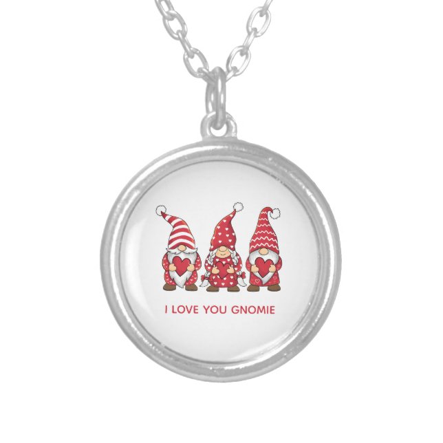 Red Gnomes with Hearts Personalized Valentine Day Silver Plated Necklace (Front)