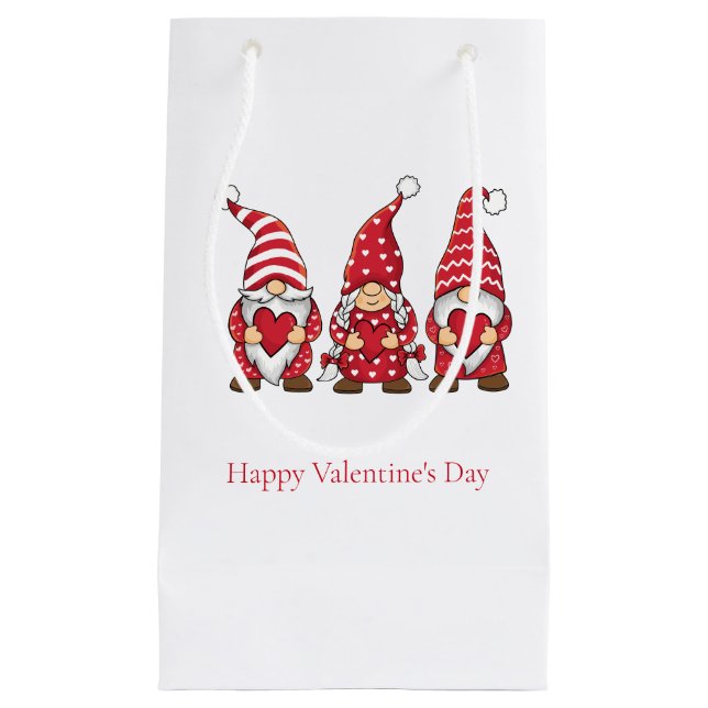 Red Gnomes with Hearts Personalized Valentine Day Small Gift Bag (Front)