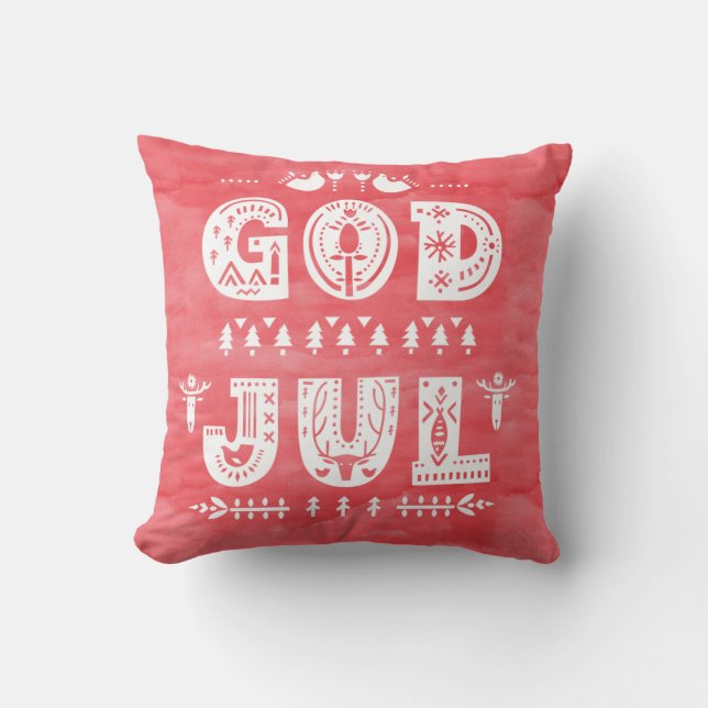 Red God Jul Swedish Christmas Scandi Style Script Throw Pillow (Front)
