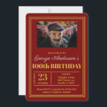 Red Gold 100th Birthday Party Invitation<br><div class="desc">A stylish 100th birthday party invitation. A modern invite in Red and gold. This stylish invitation allows for a custom personalized photograph of the birthday boy! Text in gold colored effect font and all can be amended to customize to your party requirements, then personalized with a name and date. Background...</div>