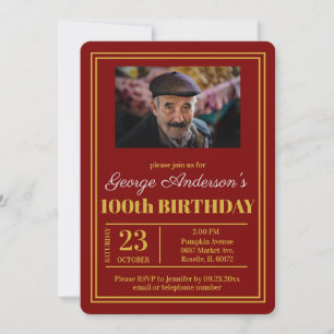 Red Gold 100th Birthday Party Invitation