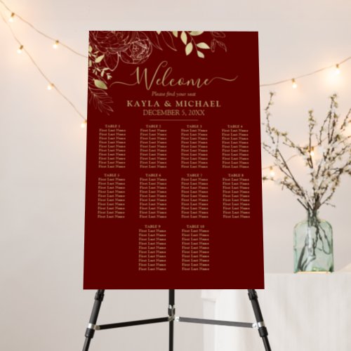 Red  Gold 10 Table Floral Wedding Seating Chart Foam Board