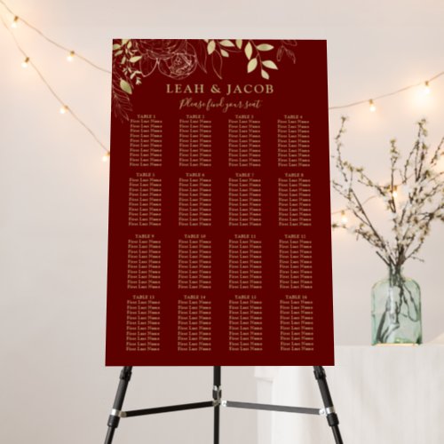Red  Gold 16 Table Floral Wedding Seating Chart Foam Board