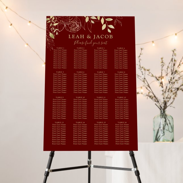 Red & Gold 16 Table Floral Wedding Seating Chart Foam Board (In Situ (Stand))