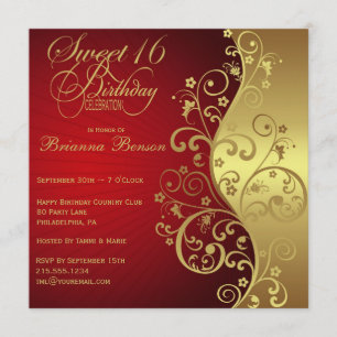 Red & Gold 16th Birthday Party Invitation