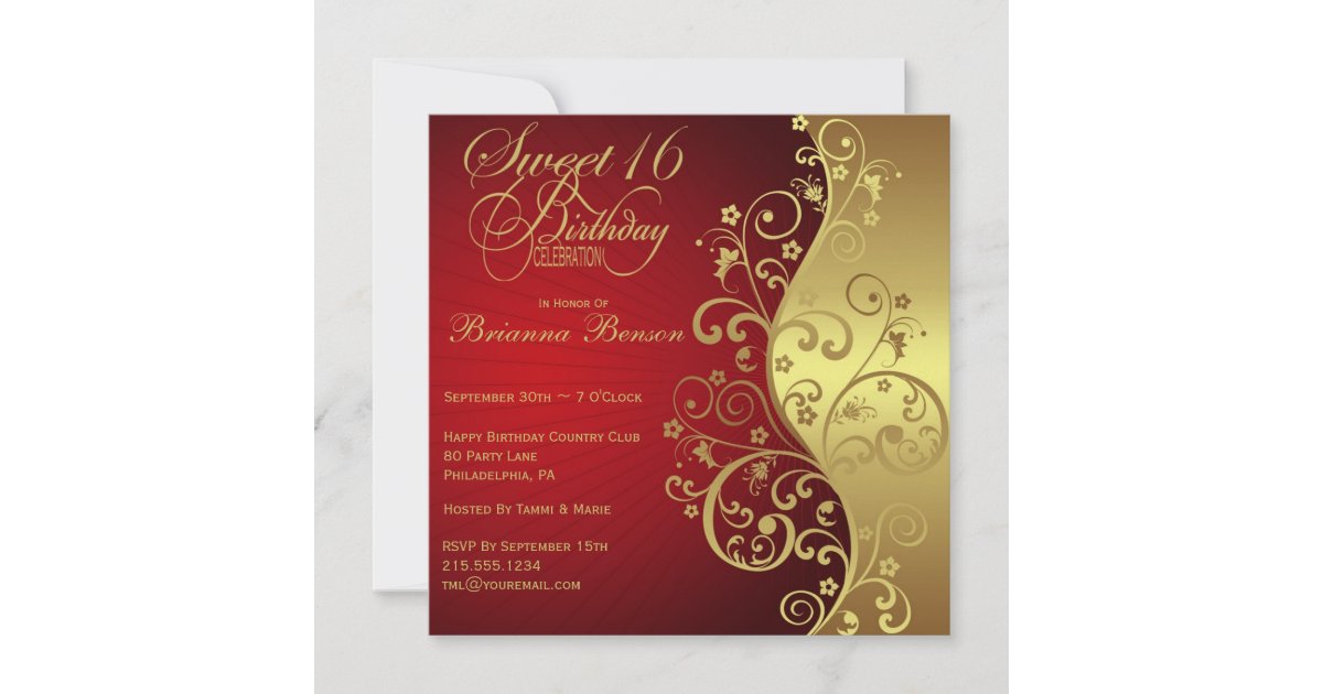 Red & Gold 16th Birthday Party Invitation Zazzle