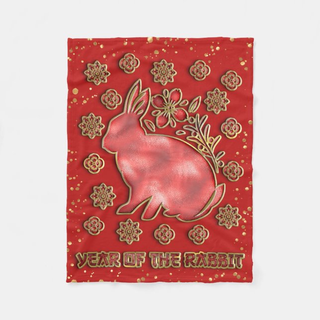 Red Gold 2023 Rabbit Lunar Chinese New Year Fleece Blanket (Front)