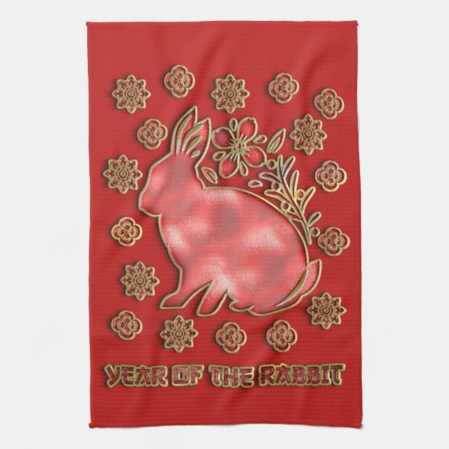 Red Gold 2023 Rabbit Lunar Chinese New Year Kitchen Towel (Vertical)