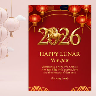 Red Gold 2026 Horse Chinese Lunar New Year Holiday Card