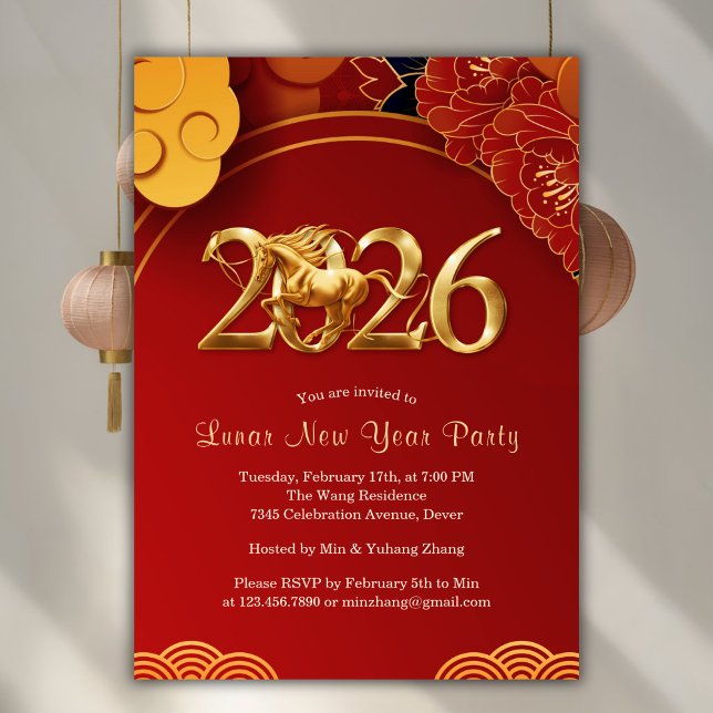 Red Gold 2026 Horse Chinese Lunar New Year Party Invitation (Red Gold 2026 Horse Chinese Lunar New Year Party Invitation)