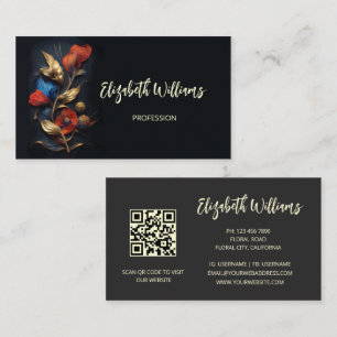 Red Gold 3 D Flowers Black Business Card
