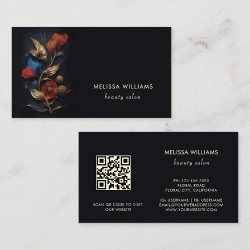 Red Gold 3 D Flowers Black Business Card