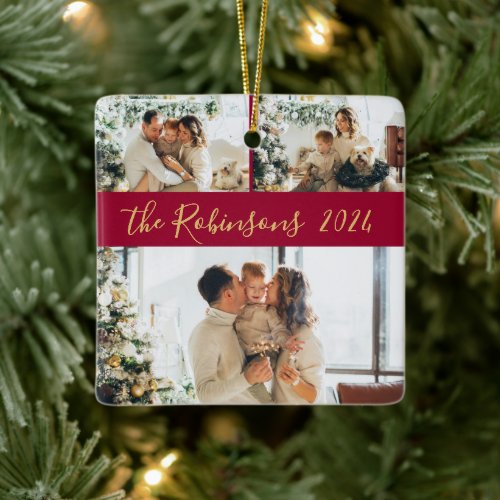 Red Gold 3 Family Photo Collage Christmas  Ceramic Ornament