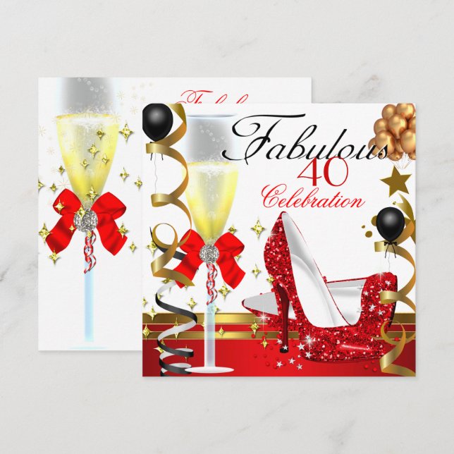 Red  Gold 40 & Fabulous 40th Birthday Party Invitation (Front/Back)