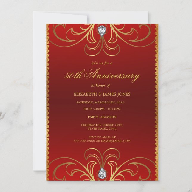 Red & Gold 50th Wedding Anniversary Invitation (Front)