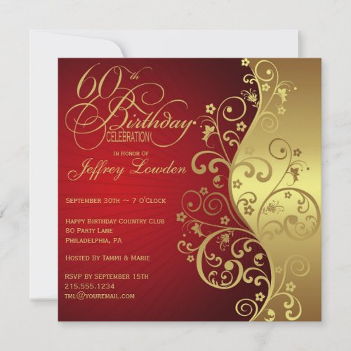Red  Gold 60th Birthday Party Invitation