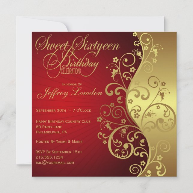 Red & Gold 60th Sweet Sixtyeen Birthday Invitation (Front)