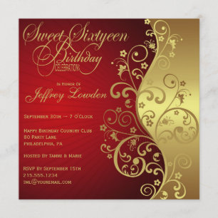 Red & Gold 60th Sweet Sixtyeen Birthday Invitation