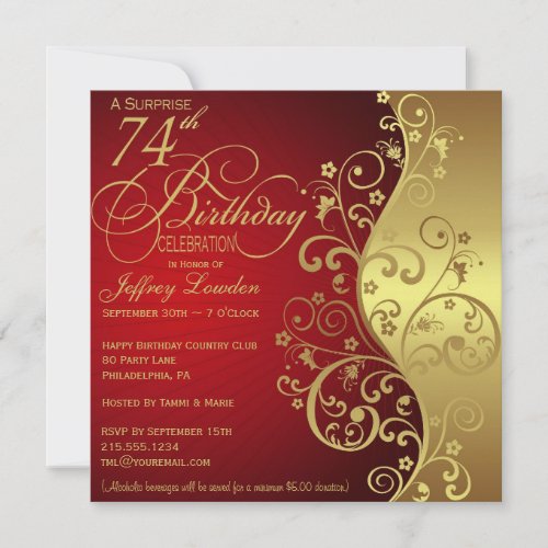 Red &amp;  Gold 74th Birthday Party Invitation