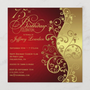 Red & Gold 75th Birthday Party Invitation