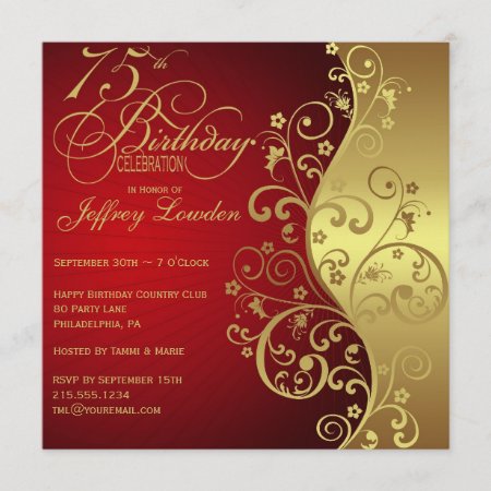 Red &  Gold 75th Birthday Party Invitation