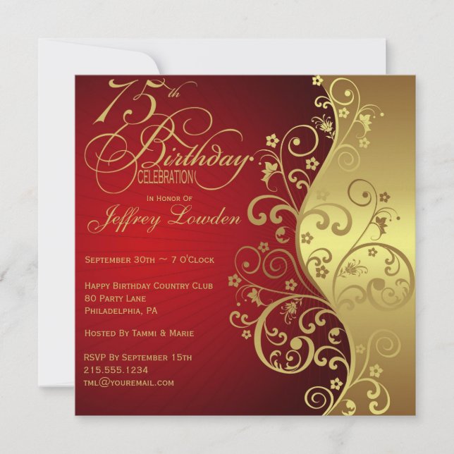 Red &  Gold 75th Birthday Party Invitation (Front)