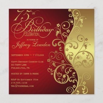 Red &  Gold 75th Birthday Party Invitation by PetitePaperie at Zazzle