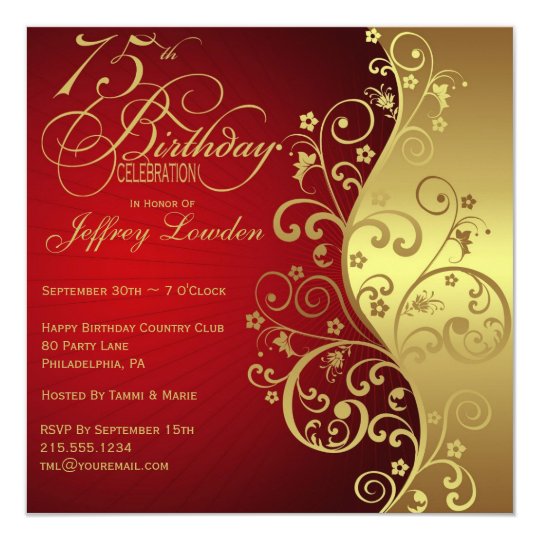 red gold 75th birthday party invitation zazzle com