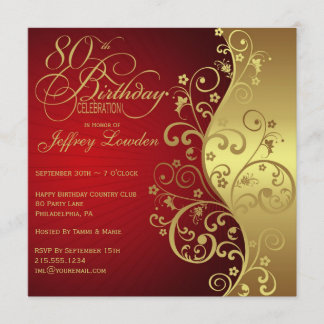 Red &  Gold 80th Birthday Party Invitation