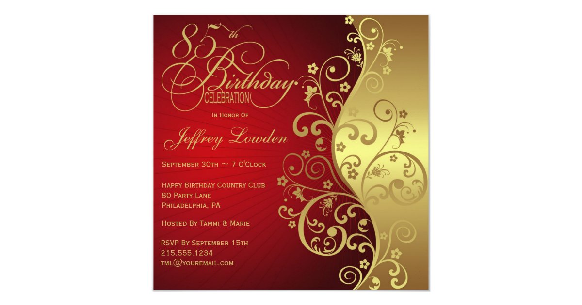 Red Gold 85th Birthday Party Invitation Zazzle com