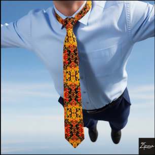 Red Gold Abstract Mirrored Flowing Fire Neck Tie