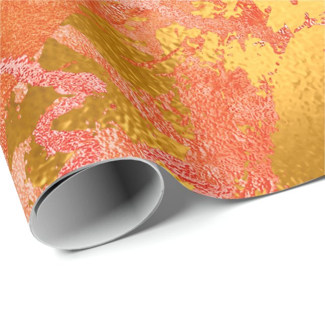 Red Gold Abstract Peach Marble Shiny Metallic Wrapping Paper (Roll Corner)