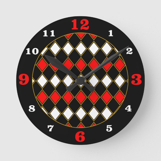 Red/Gold Accented Harlequin Pattern Round Clock (Front)