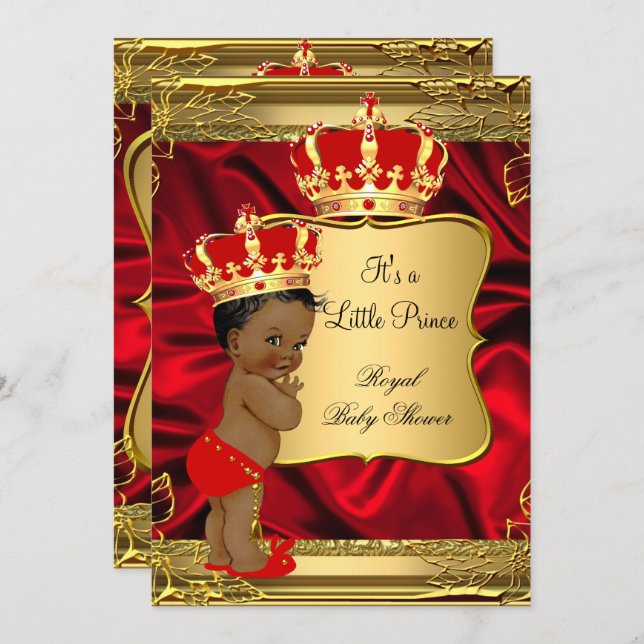 Red Gold African American Prince Baby Shower Invitation (Front/Back)
