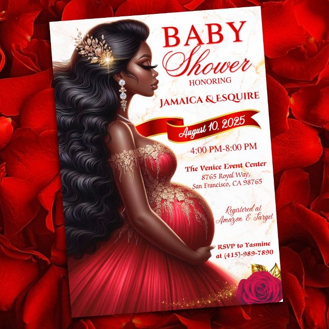 Red & Gold African Mom-to-Be Elegant Baby Shower Invitation (Luxurious Red & Gold Baby Shower Invitation for Expecting Queen. Ethnic Mom-to-Be)