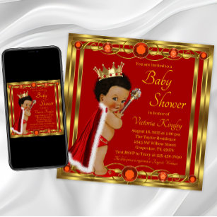 Red Gold Afro Prince Baby Shower Invitation