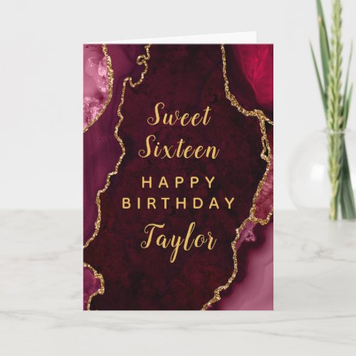 Red Gold Agate Sweet Sixteen Happy Birthday Card