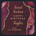 Red Gold Agate Sweet Sixteen Happy Birthday Square Sticker<br><div class="desc">This elegant and glamorous sticker can be personalized with a name or title such as daughter,  granddaughter,  niece,  friend etc. The design features a red agate marble background with faux gold glitter accents. The text combines handwritten script and modern sans serif fonts for a classy and sophisticated look.</div>