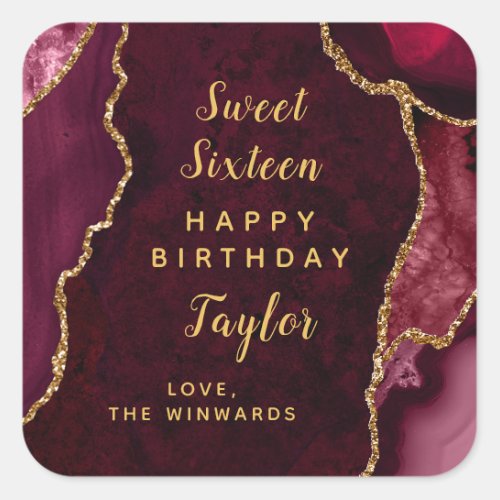 Red Gold Agate Sweet Sixteen Happy Birthday Square Sticker