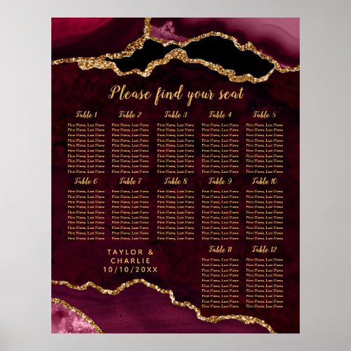 Red Gold Agate Wedding 12 Tables Seating Chart