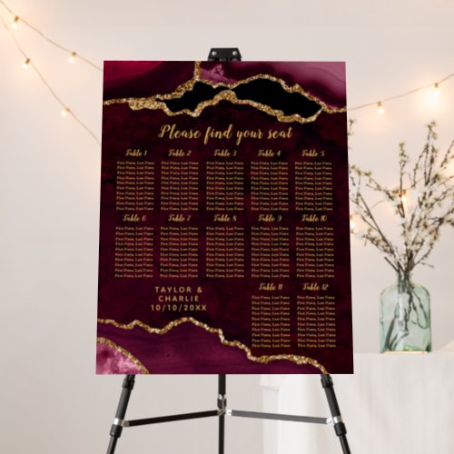 Red Gold Agate Wedding 12 Tables Seating Chart Foam Board