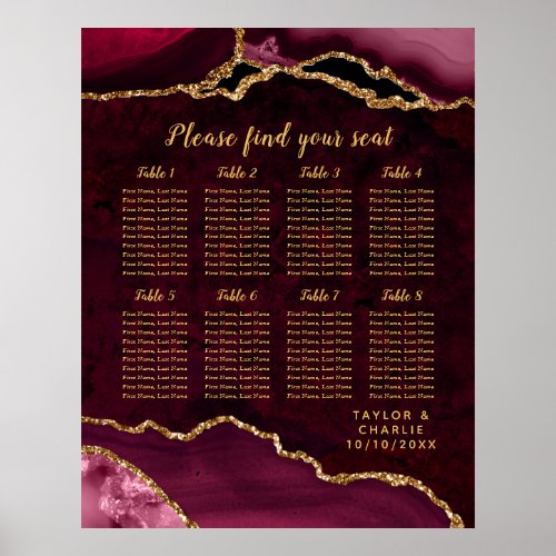Red Gold Agate Wedding 8 Tables Seating Chart
