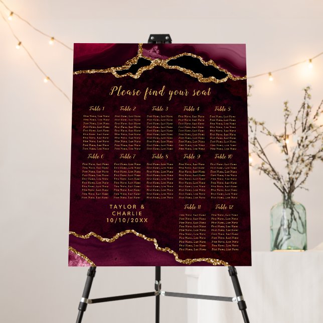 Red Gold Agate Wedding Seating Chart 12 Table Foam Board (In Situ (Stand))
