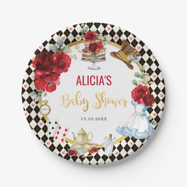 Red Gold Alice in Wonderland Baby Shower Tea Party Paper Plates (Front)