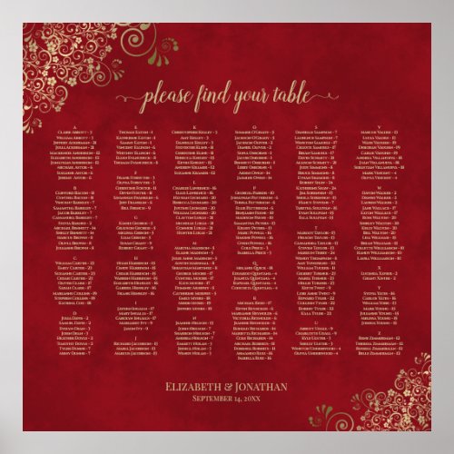 Red  Gold Alphabetical Wedding Seating Chart