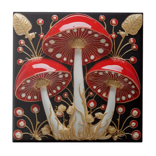 Red Gold Amanita Muscaria Mushroom 3D Effect Ceramic Tile
