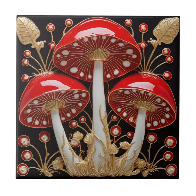 Red Gold Amanita Muscaria Mushroom 3D Effect Ceramic Tile (Front)