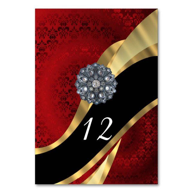 Red gold and black chic elegant damask table number (Front)