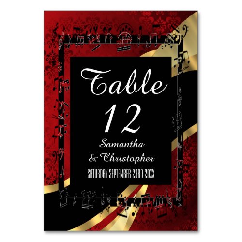 Red gold and black damask wedding table number