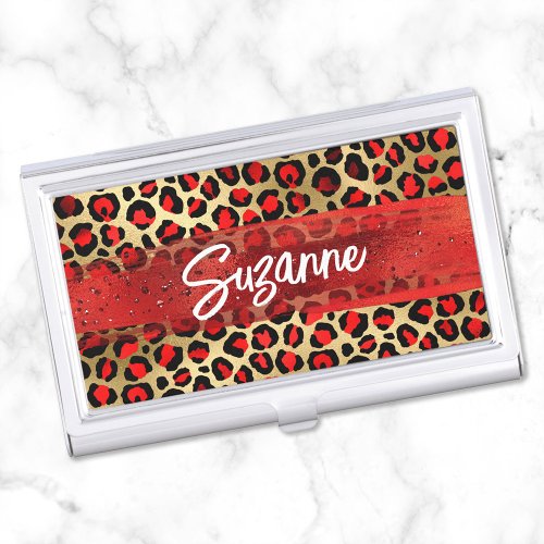 Red Gold and Black Foil Leopard Brush Strokes Business Card Case
